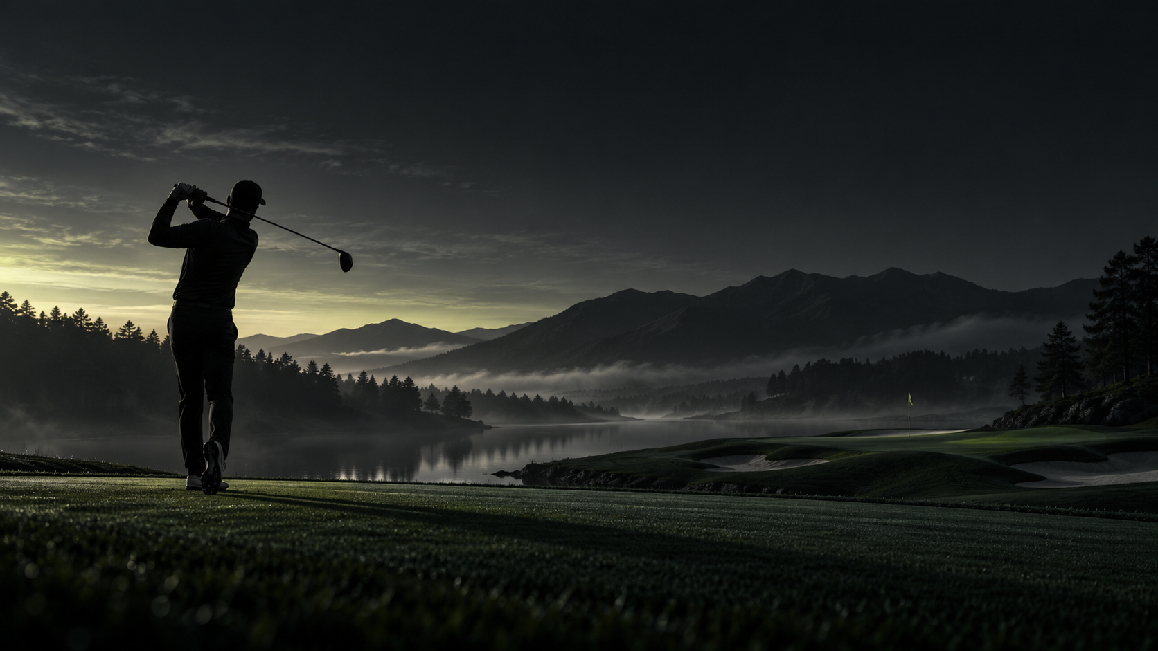 Golfista al amanecer en un paisaje montañoso, hero premium de VLAXIS
